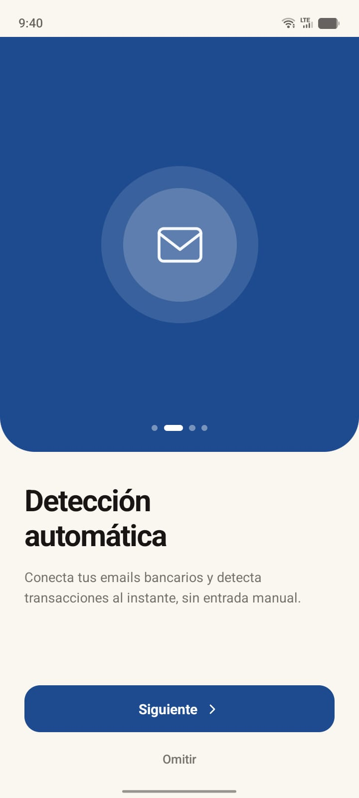 Pantalla de la app que explica la detección automática de transacciones desde el correo bancario
