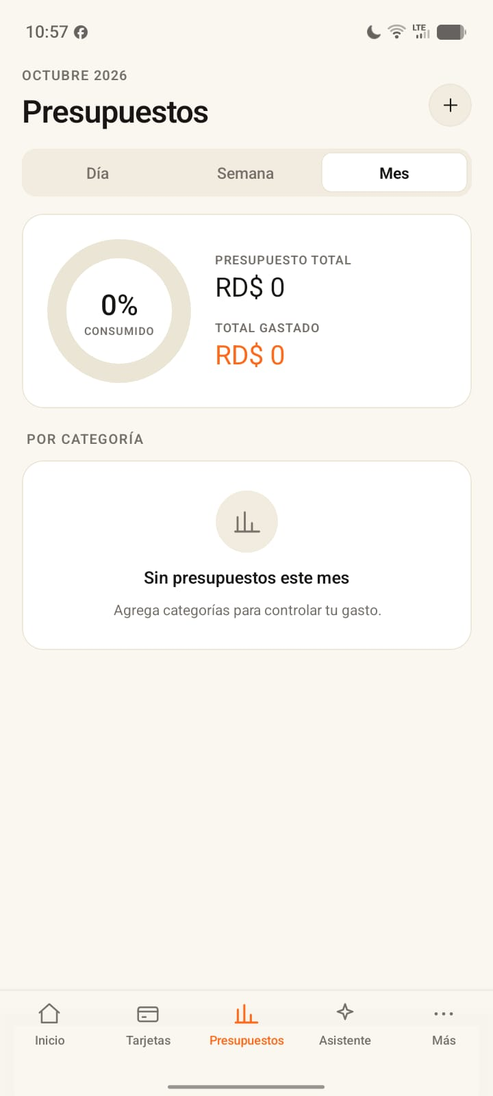 Pantalla de presupuestos de la app con el total presupuestado y el gasto por categoría