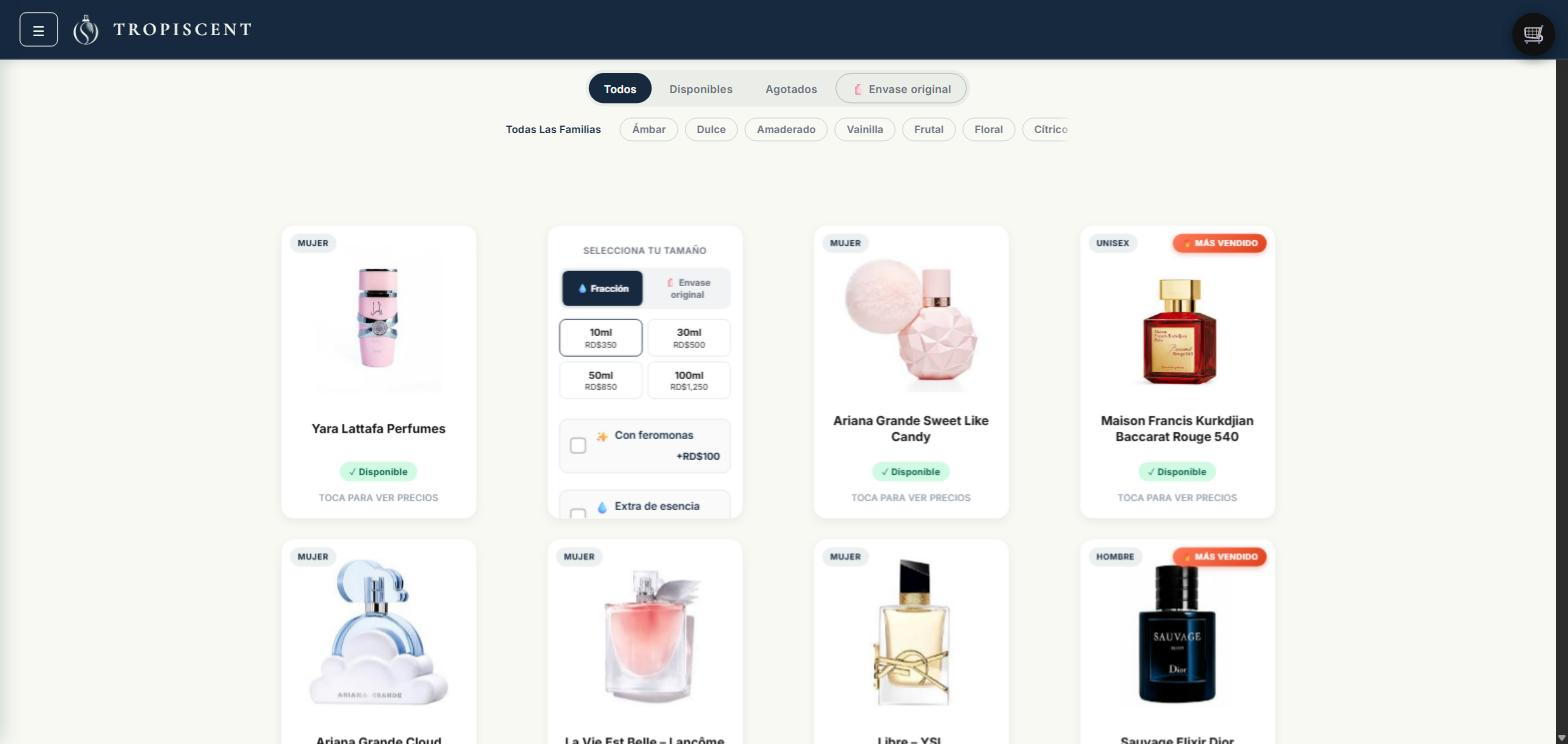 Catálogo del sitio con un producto abierto, mostrando los tamaños disponibles y sus precios