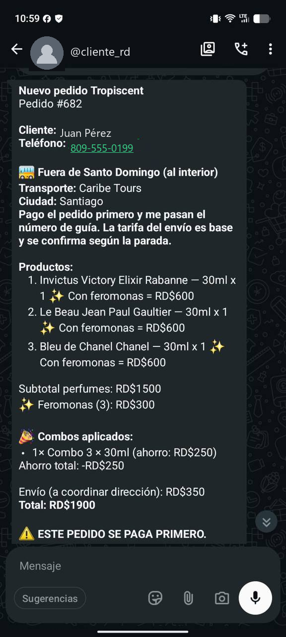 Pedido generado por el sitio y abierto en WhatsApp, con el detalle de la compra y el total