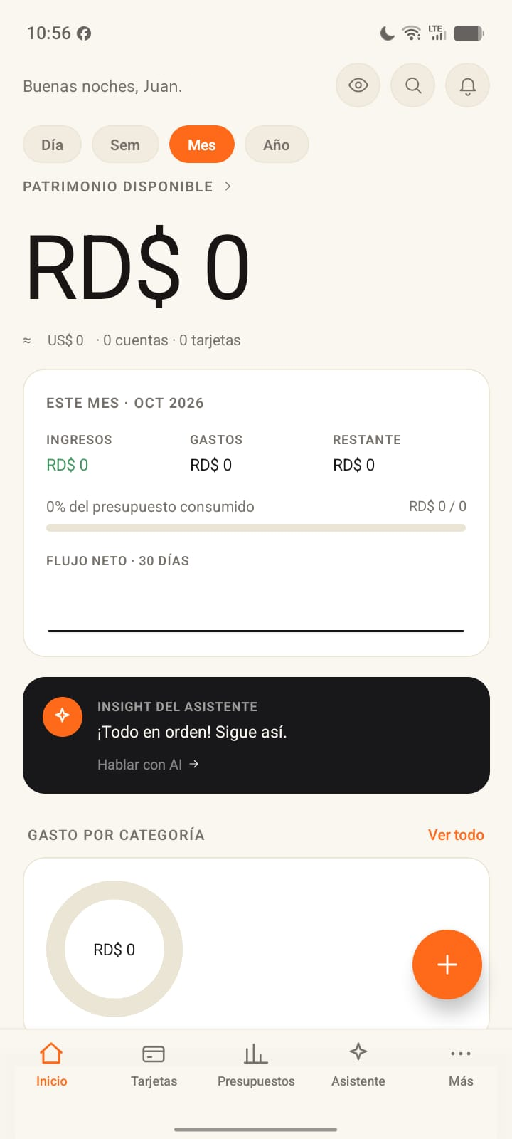 Pantalla de inicio con patrimonio, ingresos y gastos del mes